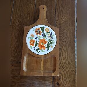 Mid Century Wood Cheese And Cracker Board With Round Ceramic Floral Tile
